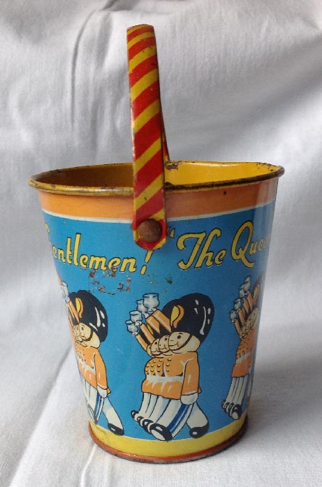 unusual 1953 Royal Coronation tinplate seaside pail bucket made by Chad Valley of England